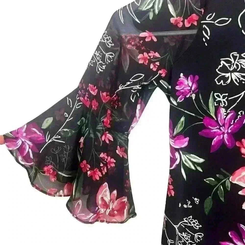 Studio One New York Women's Sheer Sleeves Black‎ Floral Dress Size Medium - Picture 6 of 13